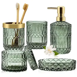 Bathroom Accessories Set, 5 Pack Green Glass Bathroom Accessories, Green Glass Bathroom Decor with Green Lotion Soap Dispenser, Soap Dish, Toothbrush Holder, Tumbler, Cotton Swab Jar