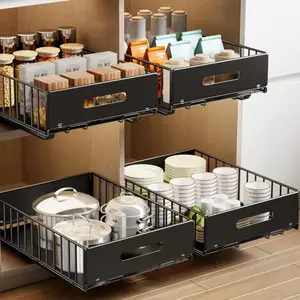 2 Pack Pull Out Cabinet Organizer, Slide Out Drawers for Cabinets, Peel and Stick Heavy Duty Shelves for Kitchen, Cupboard, Pantry, Bathroom, Black (16.5"D*11.8"W*3.94"H)