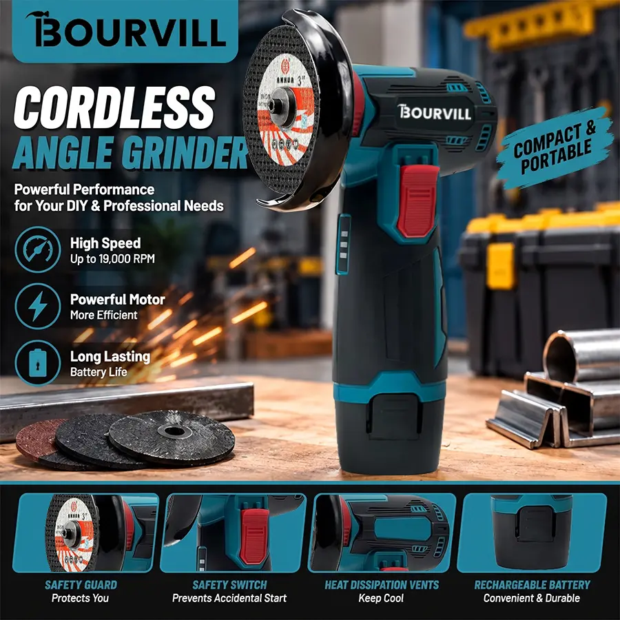 【P-M】Bourvill 12V Cordless Mini Angle Grinder Kit with 4 Gutting Blades,2 pcs 12V 1300mAh Batteries 19500 RPM/Min,for for Metal Cutting, Rust Removal, Home/auto Projects,  Electric Heavy Duty Handle Power Tools Father's Day Gift