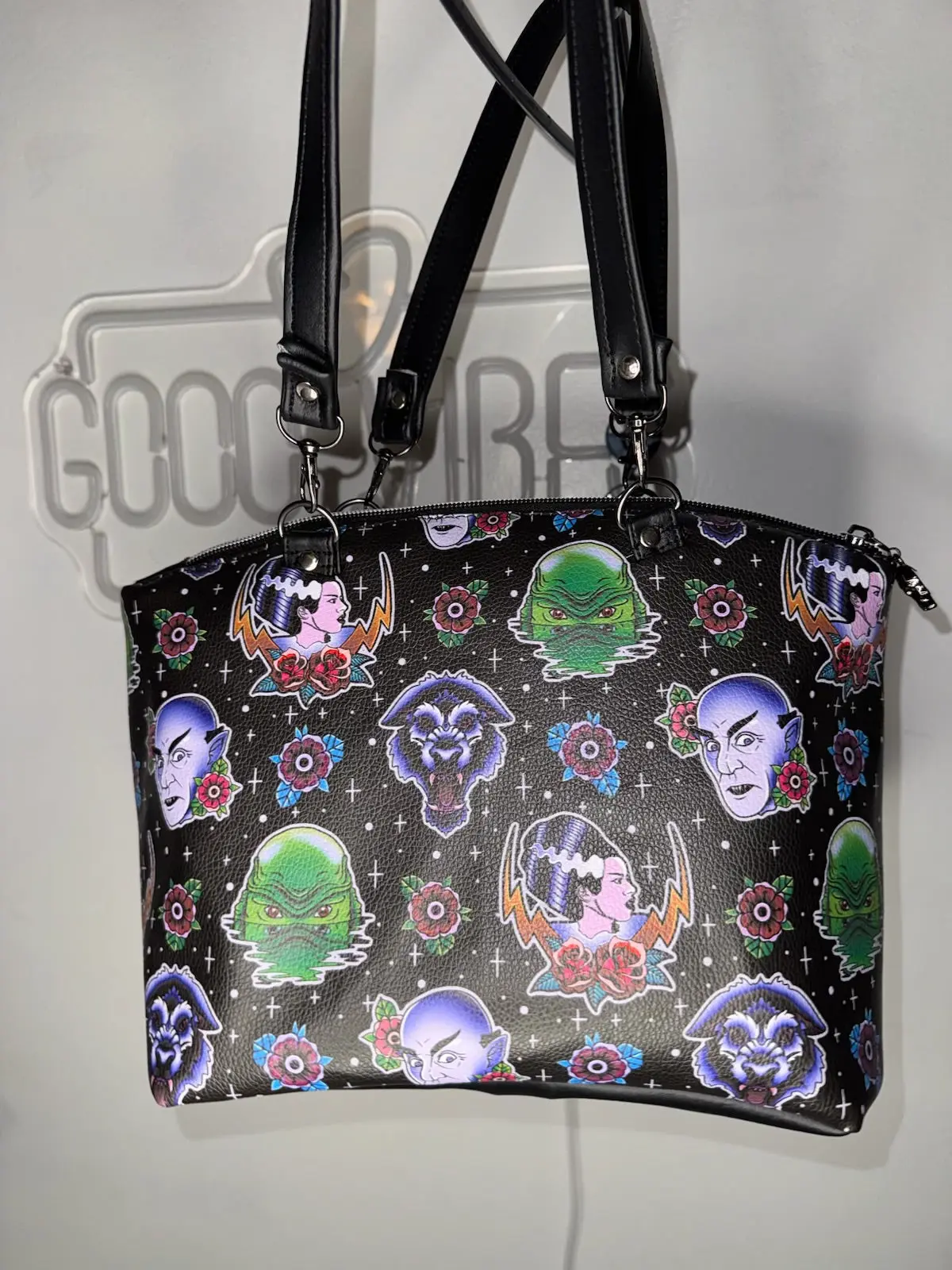 Women's Classic Monster Crossbody Handbag, Handmade Synthetic Leather Purse with Traditional Tattoo Flash Print and Zipper Closure