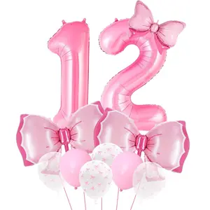 40-Inch Number 12 Balloon Set with Pink Bow Balloons for Girls' Birthday Party Decorations