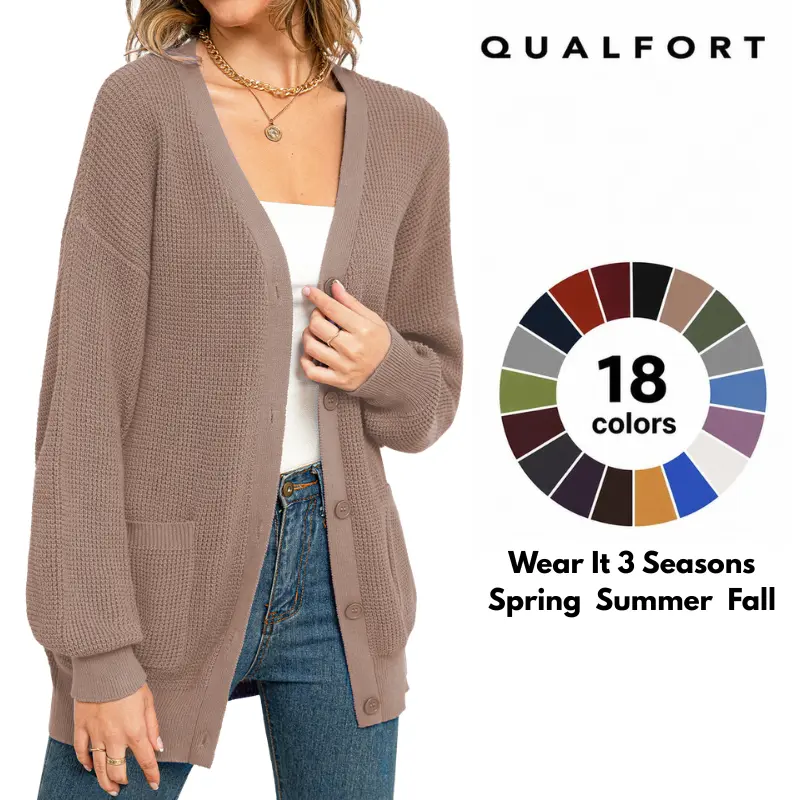 QUALFORT Women's 100% Cotton Cardigan Sweater with Pockets, Soft and Breathable Long Sleeve V-Neck Button-Front Knitwear for Casual Everyday Layering, Spring, Fall and Winter Outfits, Tops, Basic, Knitting, Lady, Chic, Elegant, Button Down