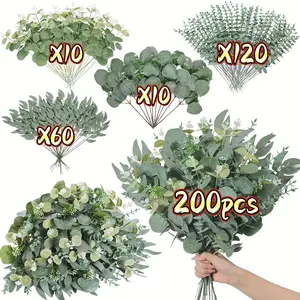 200pcs Artificial Greenery & Eucalyptus Branches Mix, 4 Types Silver Dollar Eucalyptus Stems, DIY Flower Arrangement, Home Decorificial Flowers， Artificial Plants For Outdoor，Wedding Flowers, Wedding Centerpiece, Center Pieces For Table