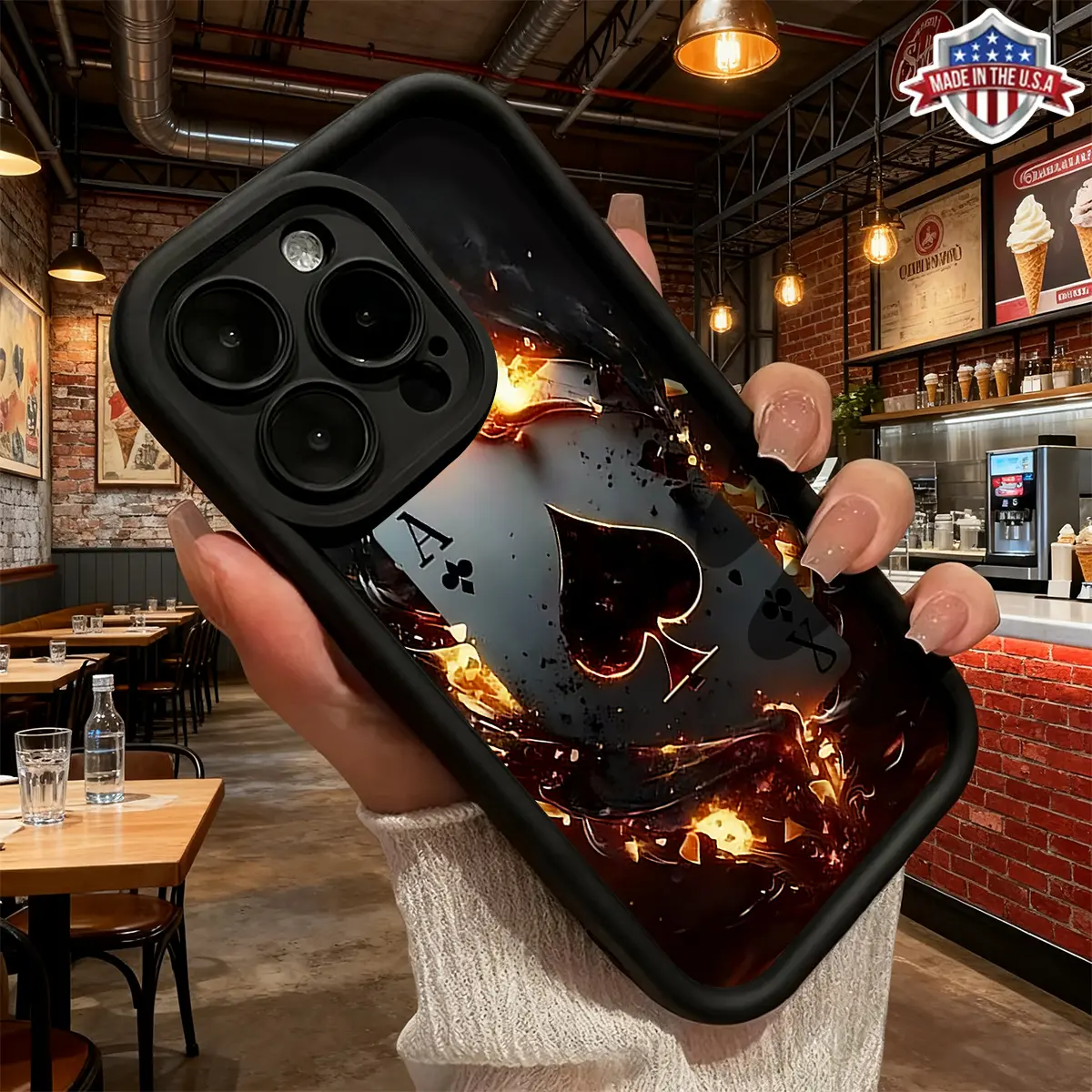 Cool Flaming Ace Card Pattern Aesthetic Design Case for iPhone 17 16 15 14 Pro Max 13 12 11 XR XS Plus Air Slim Lightweight Shockproof Anti Drop Protective Durable TPU Cover