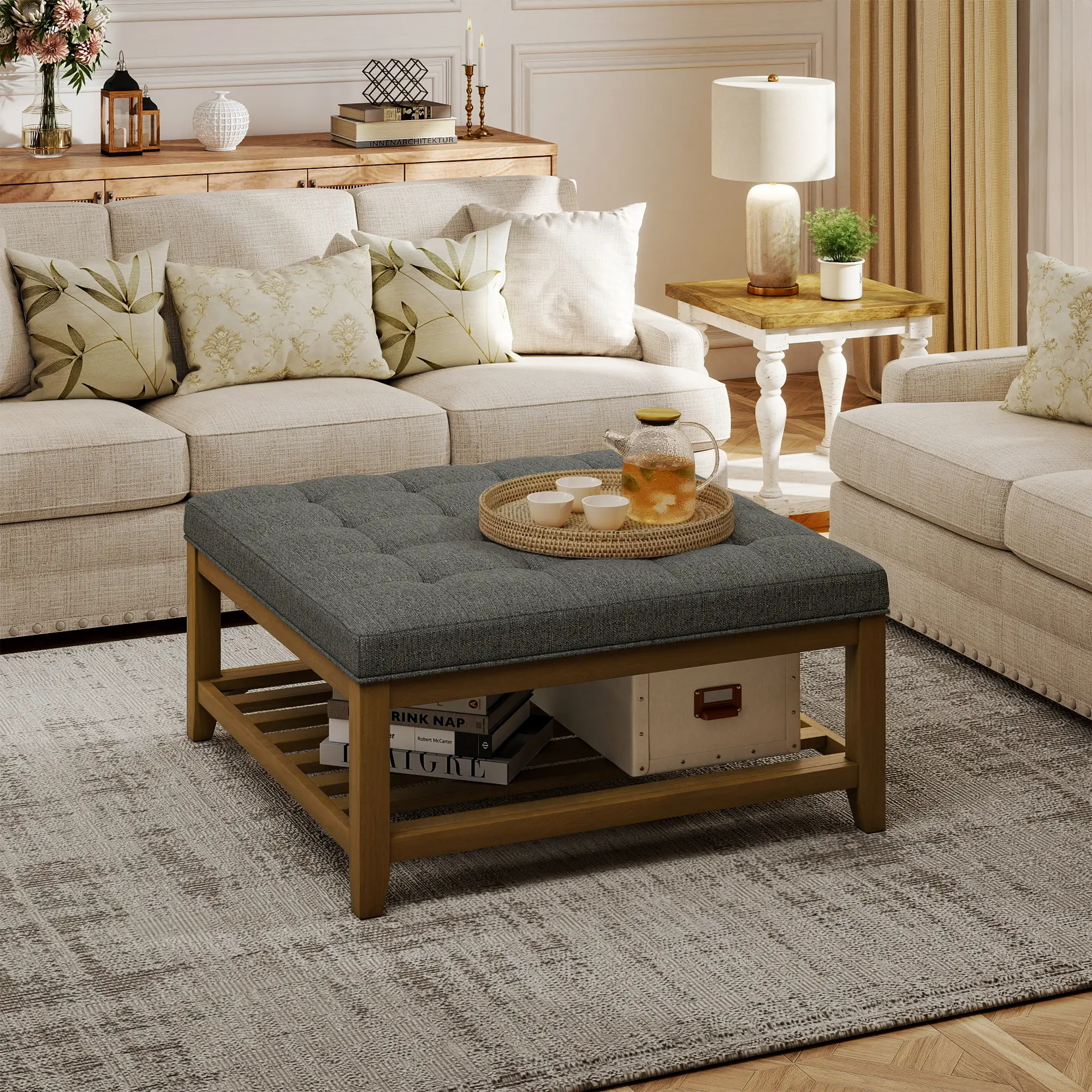 32" x 32" Linen Fabric Square Ottoman Coffee Table - Classic Colors, Solid Upholstered Footrest, Solid Wood Storage Shelf, Tufted, 400 lb Capacity, Assembly Required, Space-Saving Living Room Furniture