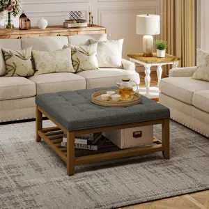 32''Large Square Ottoman Coffee Table, Linen Solid Upholstered Footrest Ottoman with Solid Wood Shelf Storage Tufted Coffee Table for Bedroom Living Room