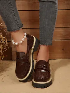 4cm Platform Loafers for Women, Patent Leather Chunky Sneakers, 1.57in Height Increasing  Casual Office Walking Shoes