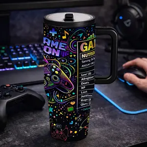 AuraCup 1pc 40oz Insulated Tumbler with Handle and Lid, Neon Gaming Controller Design Stainless Steel Travel Mug, Gamer Coffee Water Cup, Double Wall Vacuum Tumbler for Hot Cold Drinks, Large Capacity Cup for Gamers, Streamers, Vacuum Insulated Flask
