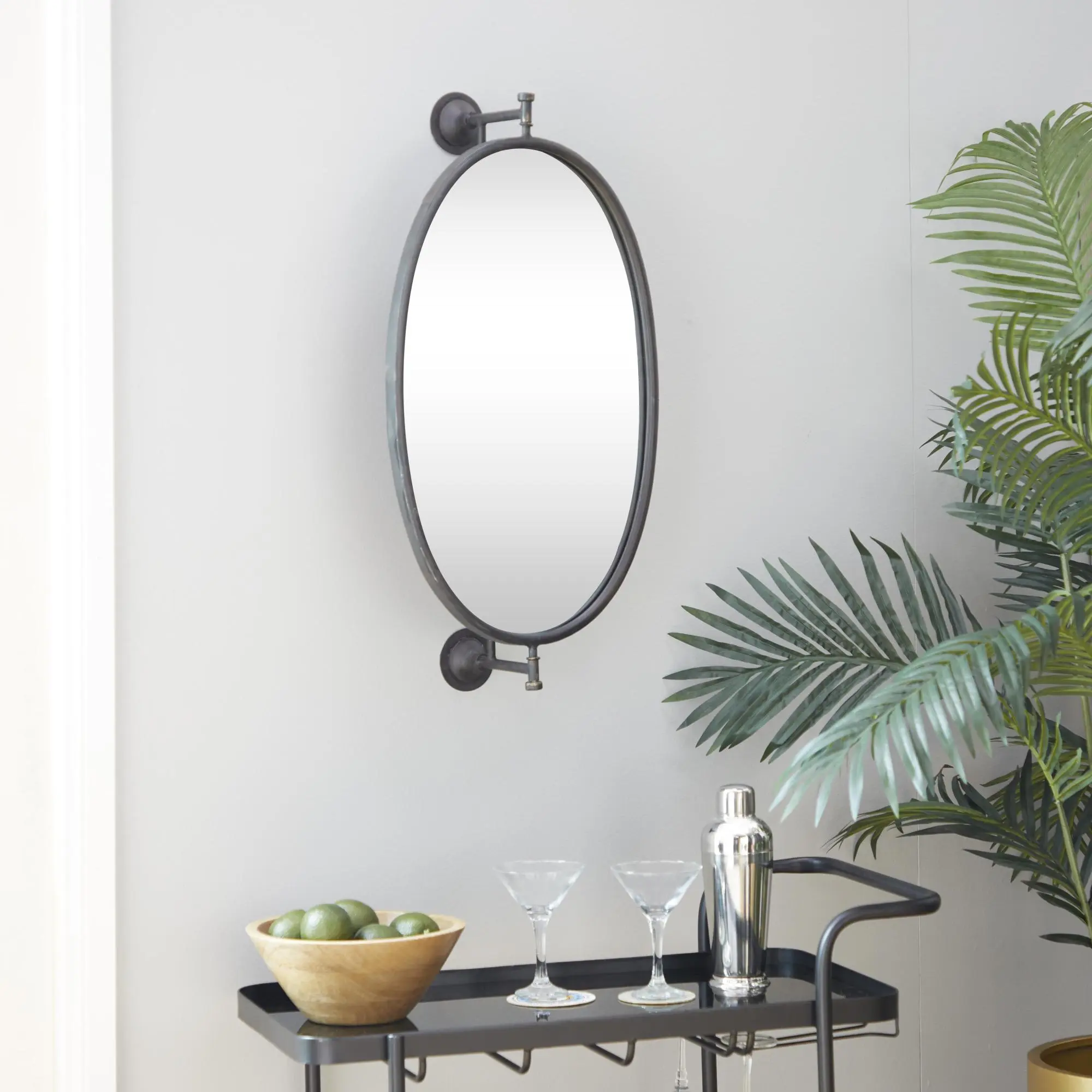 Industrial Raw Iron-Metal Frame Oval Glass Wall Mirror with Swivel Base, Bracket Mount, Fully Assembled, 15L x 6.70W x 28.60H Inches Wooden Home Decor for Entryway, Bathroom