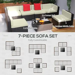 【3 Packages Shipping】Outsunny 7 Piece Outdoor Patio Furniture Set with Cushions, All Weather PE Rattan Outdoor Sectional Patio Furniture Set, Wicker Conversation Sets with Glass Top Coffee Table, Beige