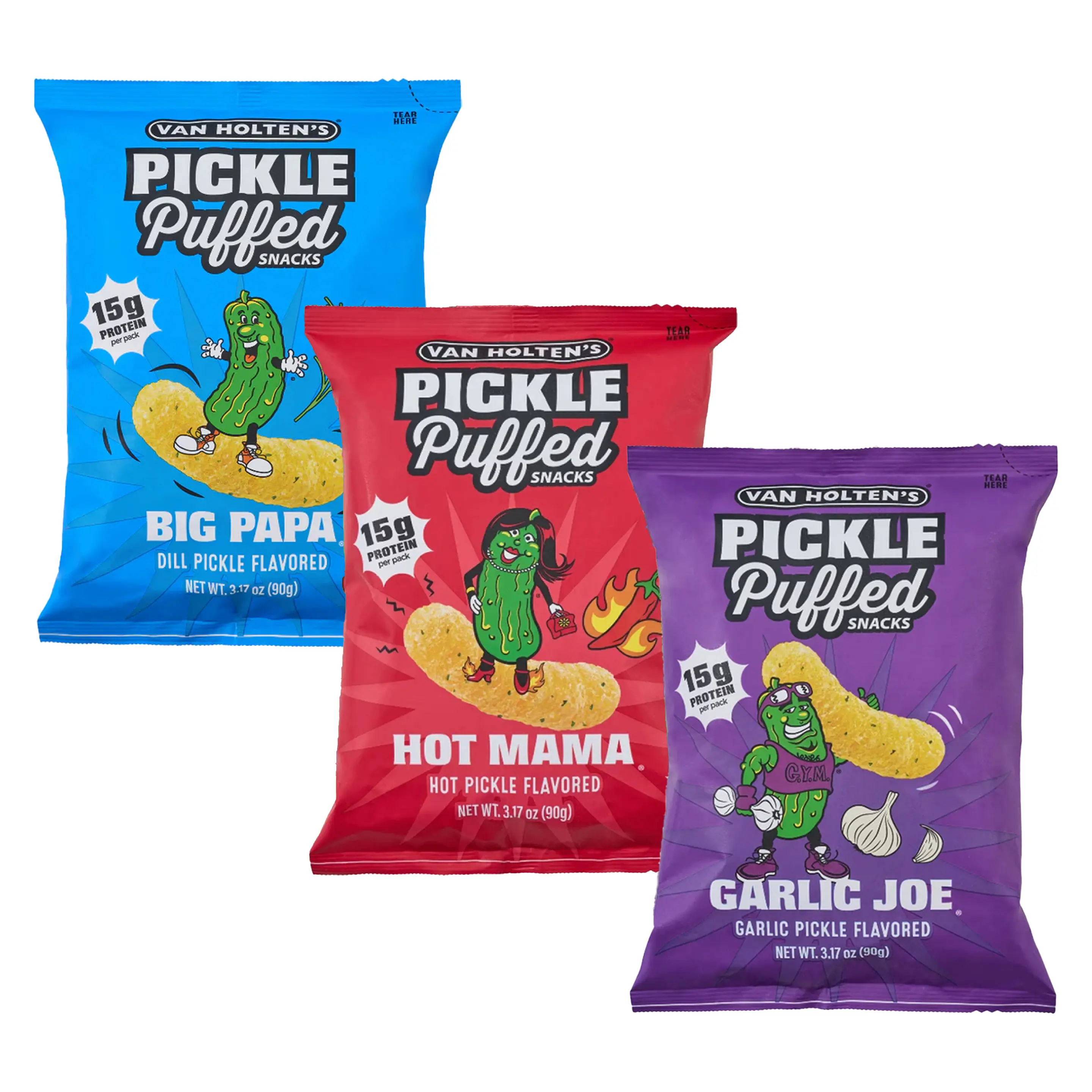 Van Holten's Savory Crispy Chol-Free Puffed Pickle Snacks Variety Pack - Big Papa, Hot Mama, Garlic Joe Flavors, 15g Protein Puffs, Room Temp Storage Friendly
