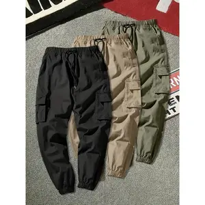 3-Pack Men'S Solid Color Cargo Pants, 100% Polyester, Non-Stretch, All-Season, Regular Fit, Drawstring Waist, Multi-Pocket Flap, Woven Fabric, 180g/m2, for Weekend Casual Wear
