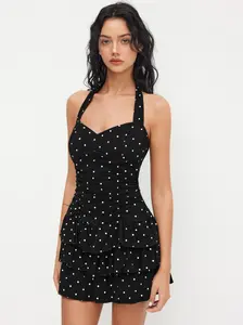Polka Dot Halter Mini Dress – Ruched Fit with Flowy Layered Design