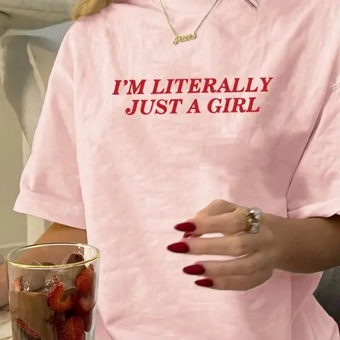 Women's "I'm Literally Just A Girl" Letter Print Round Neck Tee, Casual Short Sleeve Crew Neck Design T-shirt for Summer, Fashion Women's Top for Daily Wear