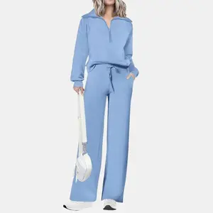 VVZ 2026 Spring New Arrival Women's Casual Two-Piece Activewear Set—Half-Zip Pullover Hoodie with Drawstring Wide-Leg Pants—Comfortably Coordinated Top and Sweatpants