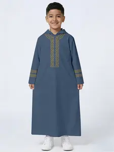 Muslim Children Hooded Robe, Haze Blue Embroidered Detailing, Traditional Middle Eastern Style Arab Boys' Thobe Clothing