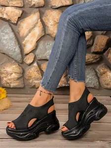 Summer Breathable Flyknit Thick Sole Sandals for Women, 9cm Wedge Heel Height Increase, Open Toe Casual Versatile Slippers