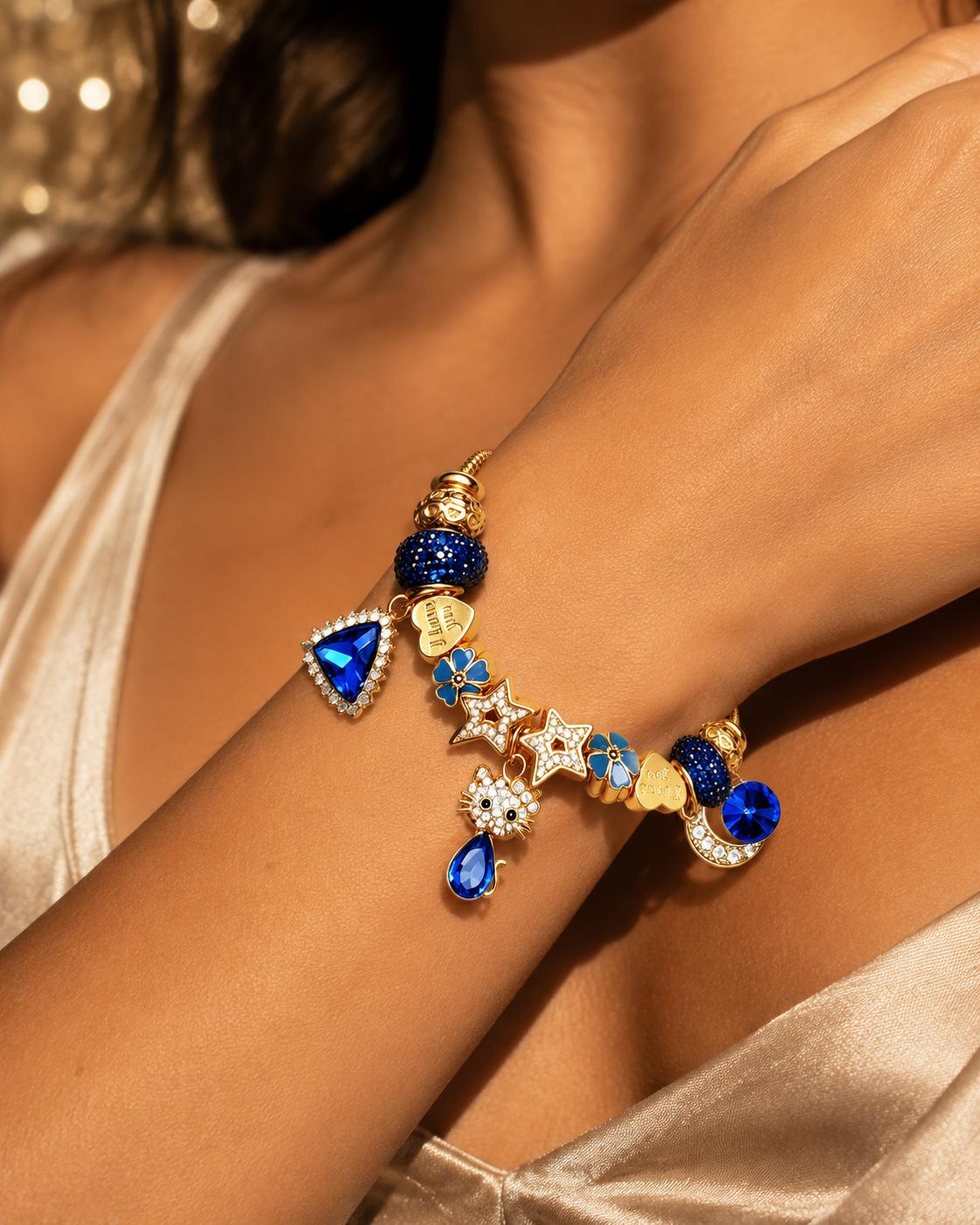 Gold Plated Blue Crystal Cat Charm Bracelet, Adjustable Snake Chain Beaded Bracelet with Star Moon Heart Charms, Fashion Jewelry Gift for Women