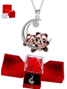 Cute Panda Moon Pendant Necklace with Rose Gift Box & Card, Jewelry for Animal Lovers, Birthday Holiday Gifts for Women