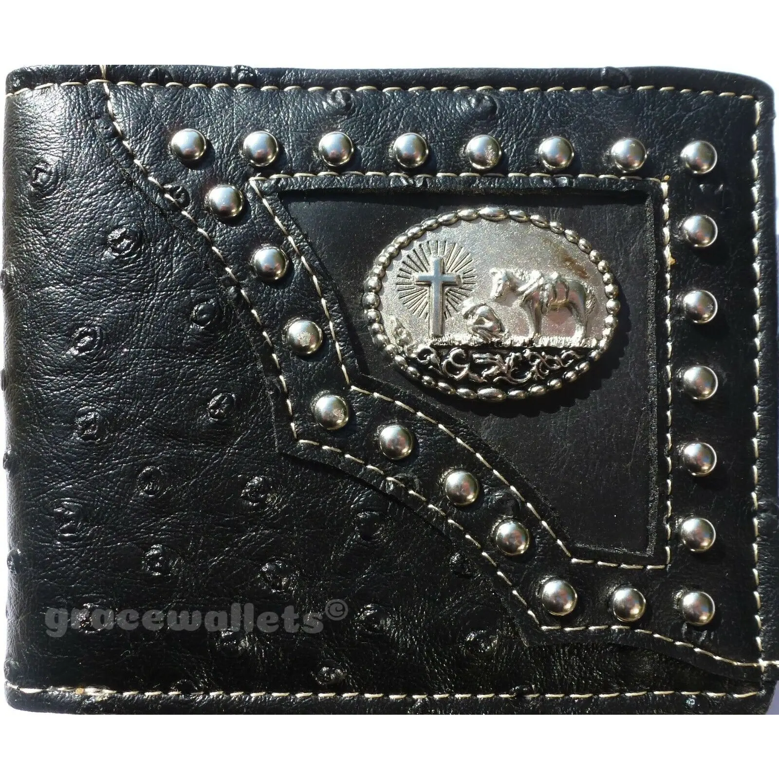 Men's Western Bifold Wallet Black Ostrich with Praying Cowboy Design