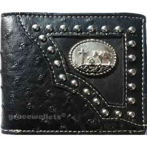 Men's Western Bifold Wallet Black Ostrich with Praying Cowboy Design