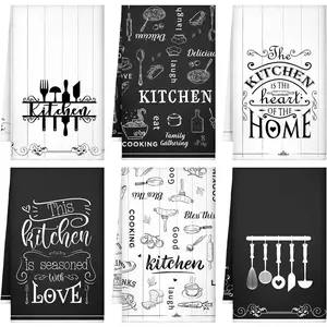 6 Pcs Kitchen Towels Sets Decorative Dish Towels Absorbent Fast Drying Hand Cloths Hanging Reusable Cleaning Dishcloths for Cooking Housewarming(Black White,Food)