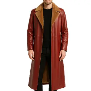 Men’s Long Brown Leather Trench Coat with Shearling Collar