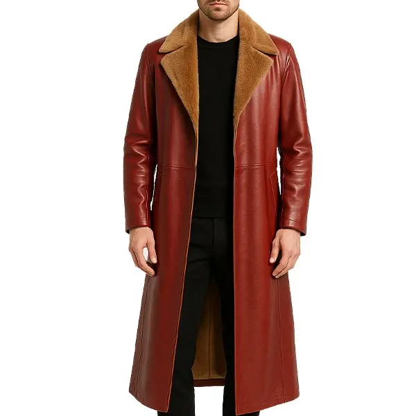 Men’s Long Brown Leather Trench Coat with Shearling Collar