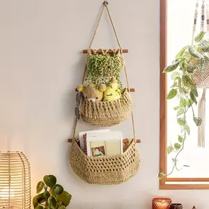 [3-tier Hanging Fruit Basket] Bohemian Style 3-tier Hanging Fruit Basket, Handwoven Rope Hanging Basket, Hanging Storage Basket, Door Storage Box, Perfect Valentine'S Day Gift. Suitable For Kitchen, Living Room And Bathroom, Bedroom
