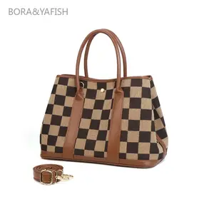 Women's Plaid Checkerboard Canvas Market Tote - Multi-Function Large-Capacity Top-Handle Bag, Convertible for Shoulder or Crossbody Casual Use, Ideal Gift