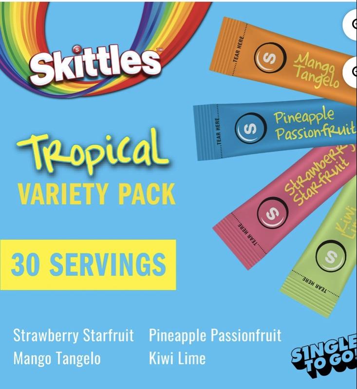 Skittles Zero Sugar Variety Pack Singles-to-Go Powdered Drink Mix, Tropical, 30 Count Packets