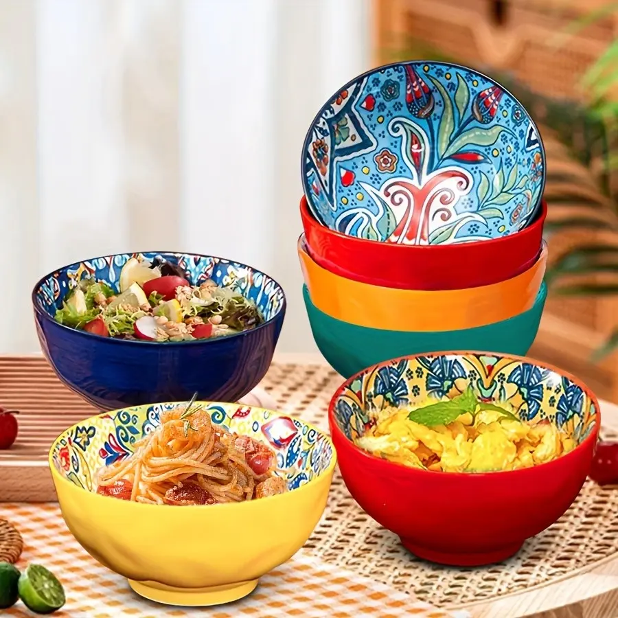 Set of 2 4.5-Inch Ceramic Rice and Salad Bowls, Hand-Painted Bohemian Style Tableware for Breakfast, Dinner, Pasta, Perfect Gift for Any Occasion