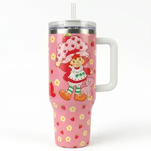 Strawberry Girl 40oz Tumbler - Cute Drinkware Bottle for Your Beverages,Vintage Berry Girl 40oz Travel Mug - Christmas & Graduation Gift for Her, Large Insulated Coffee Tumbler with Straw and Handle, Unique Birthday & Holiday Gift for Mom