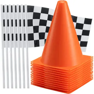 Race Car Birthday Party Decorations - (36 Pcs) 12 - 8-Inch Orange Mini Cones for Kids & 24 Black & White Checkered Flags on Sticks - Race Car Themed Birthday Party Decor & Centerpiece Supplies