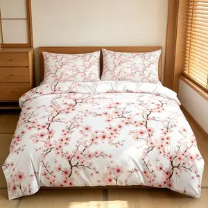 Japanese Cherry Blossom Duvet Cover Set, 2/3 Pieces, Includes 1 Duvet Cover + 1/2 Pillowcases, White Base Pink Floral Branch Pattern, NO FILLING, Aesthetic Bedding, Perfect Gift for Teens & Adults, Bedroom & Dorm Decor