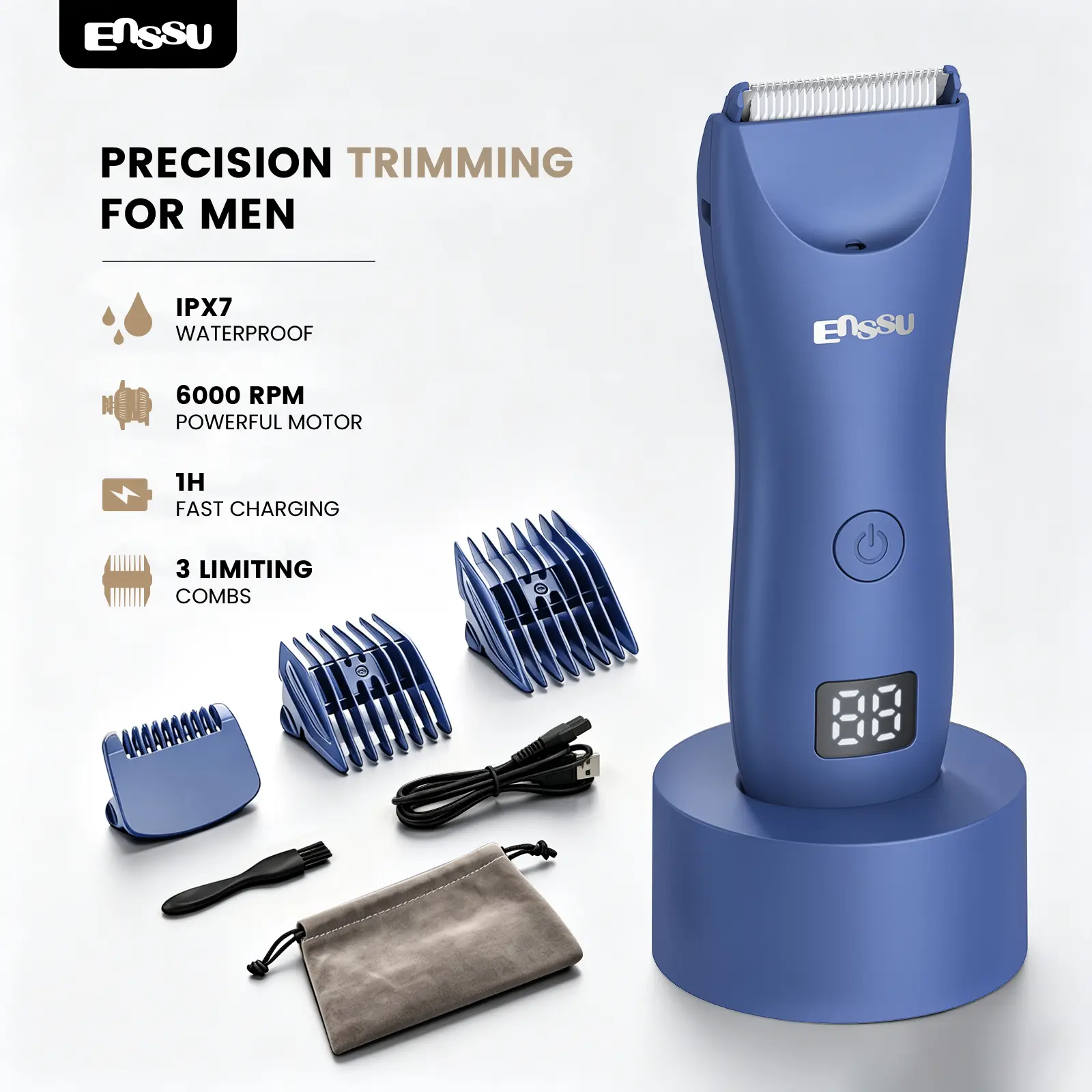 Enssu Men Body Hair Trimmer, Waterproof Electric Groin Hair Trimmer with Ceramic Blade, LED Power Display, Rechargeable Pubic Hair Shaver for Men Personal Grooming