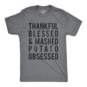Mens Thankful Blessed and Mashed Potato Obsessed T Shirt Funny Thanksgiving Tee Mens Funny T Shirts Cool Vintage Fashion T-Shirt Gift Classic Menswear Thanksgiving Apparel for Men Funny Food Short Sleeve Dark Grey