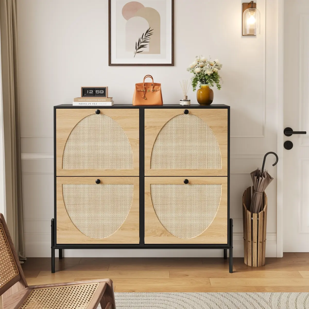 [Bellemave]  Rattan Shoe Cabinet with 4 Flip-Down Doors| Elegant Narrow Storage for Entryways & Hallways