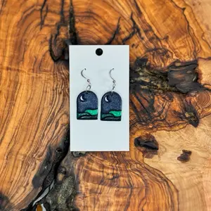 Crescent Moon Small Polymer Clay Drop Earrings - Unique Design with Night Sky and Blue Base Pattern