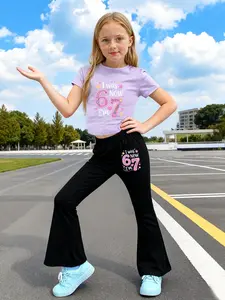 Boy And Girl - I Was 6. Now I'm 7. Number 67 Cartoon Print. Summer Set - T-Shirt With Round Neck And Short Sleeves + Flared Pants. Sweet, Cool, Fashionable And Casual Streetwear Two-Piece Set. Comfortable For Daily Use And Outdoor Wear. Ideal Gift Choice