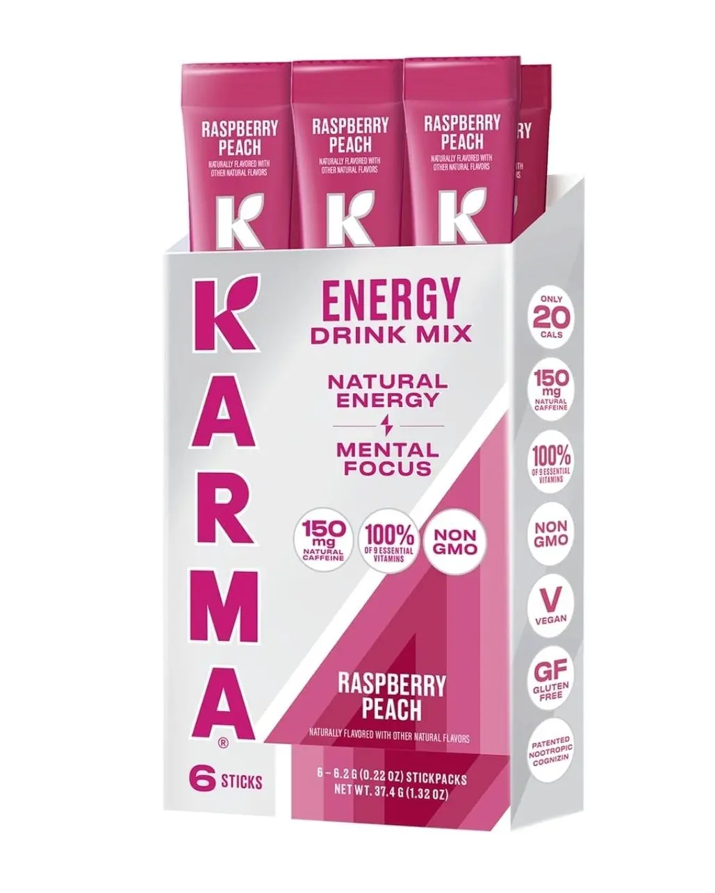 Karma Energy Hydration Packets – 6 Pack, Raspberry Peach Drink Mix with Cognizin® Nootropics, Vitamins & Immune Support, Low Calorie