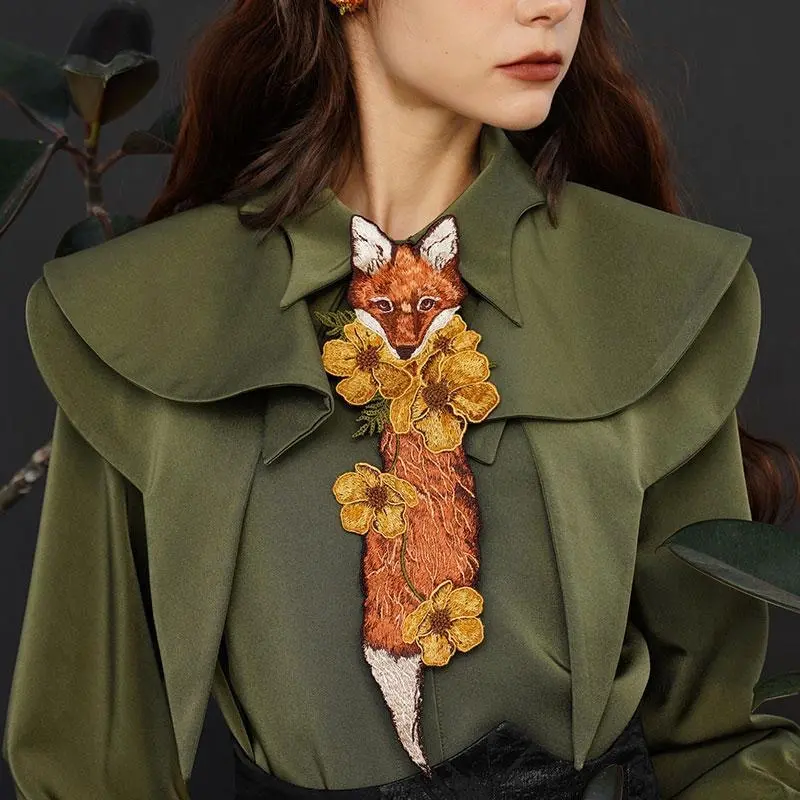 Women's No-Tie Necktie for Female, Vintage Fox and Flower Embroidery, Whimsical Forest Accessory, Glossy Patterned Fabric, Normal Type Shirt Accent