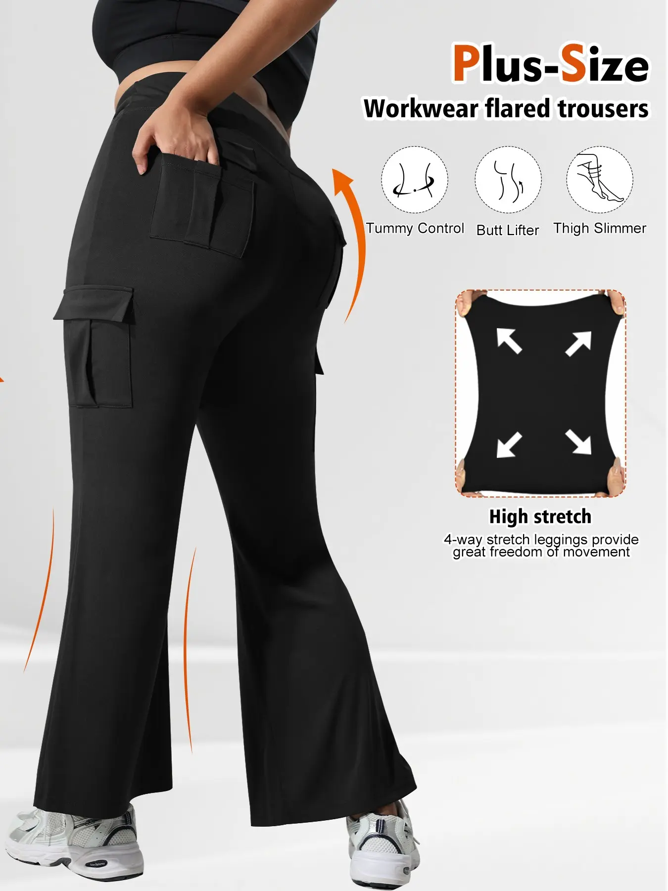 Women's Plus Size Fashion Fit Solid Color Workwear Pocket Casual High Waisted Flare Leg Pants, Comfortable Casual Wear, All-Season Commuter Multi-Functional Long Pants, Casual Comfy Stretchy