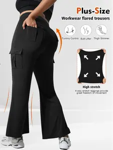 Women's Plus Size Fashion Solid Color Workwear Pocket Flare Pants, Comfortable Casual Wear, All-Season Commuter Multi-Functional Long Pants