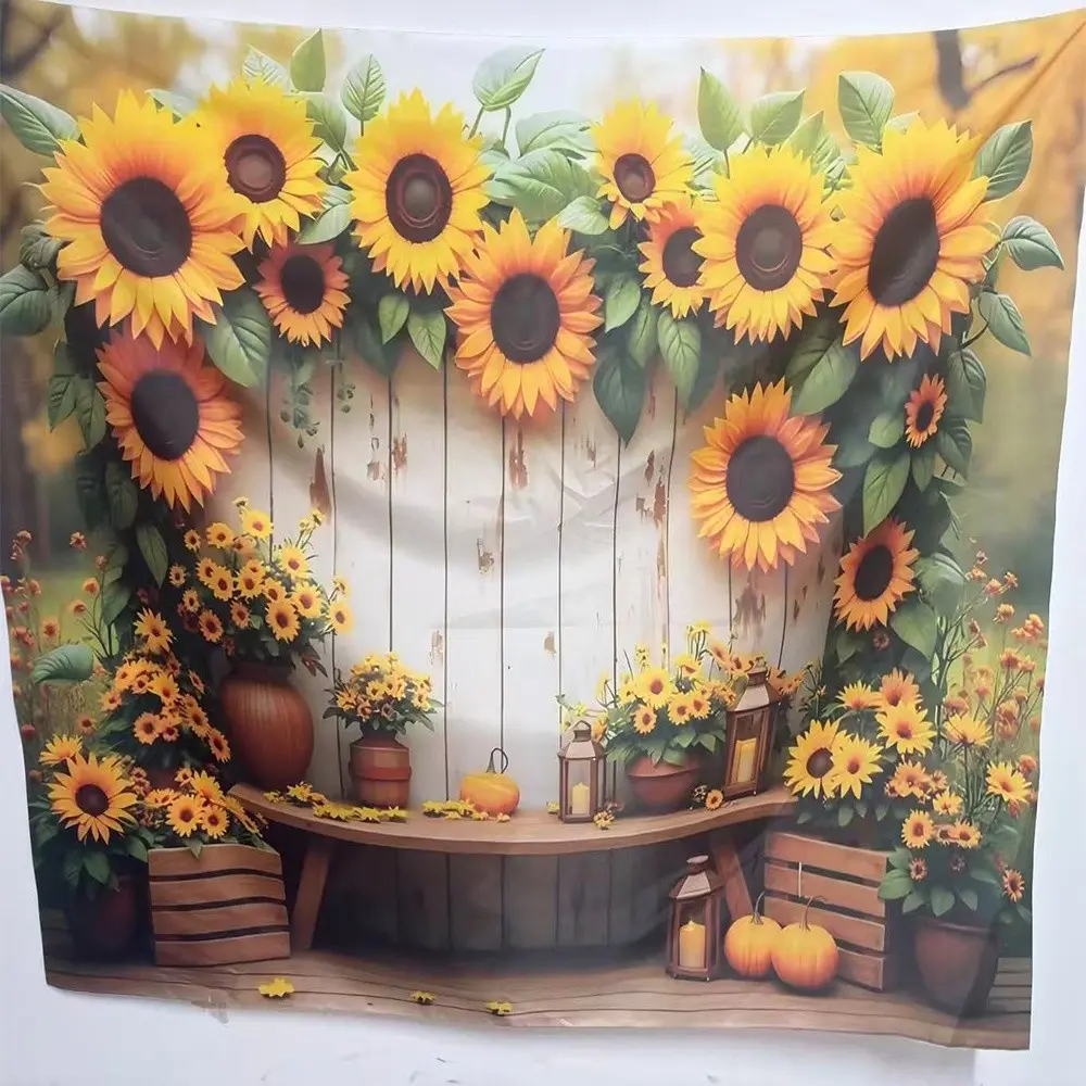 2D Flat 1pc Sunflower Fall Farmhouse Backdrop Banner, Rustic Wooden Wall Pumpkin Lantern Thanksgiving Photography Background, Ideal for Autumn Harvest Party, Country Birthday Celebration, Outdoor Photoshoot, Multiple Sizes Available