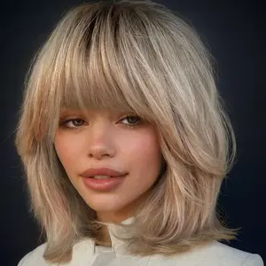 Jessie's Wig [Joy] Short Ombre Ash Blonde Wig Minimalist Lace Layered Bob Hairstyles Glueless Bob Cut Wig With Bangs Textured Layers Straight 100% Human Hair
