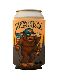 Funny Trucker Hats 'MERICA Bigfoot Beer Koozie - Funny Patriotic Can Cooler w/ Eagle & Flag | Keeps Drinks Cold | Perfect for BBQs, Tailgates, Pool Parties