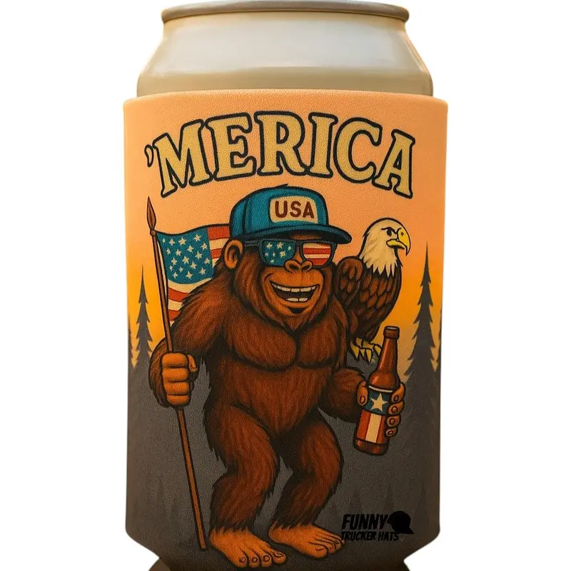 Funny Trucker Hats 'MERICA Bigfoot Beer Koozie - Funny Patriotic Can Cooler w/ Eagle & Flag | Keeps Drinks Cold | Perfect for BBQs, Tailgates, Pool Parties