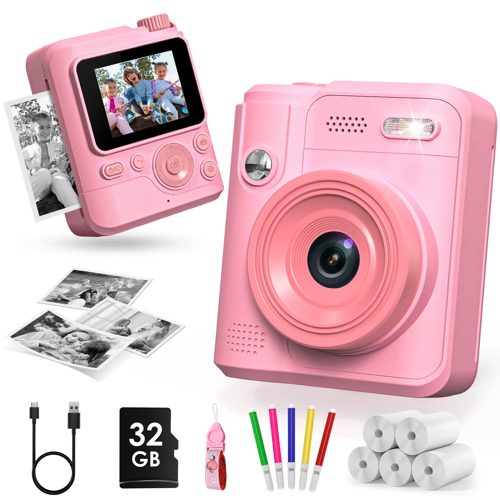 Kids Instant Print Camera - 1080P HD Digital Camera with 32GB TF Card, Kids Camera Gifts for Girls Boys, Selfie Video Camera, Creative PhotographyToy for Girls & Boys Aged 3-12, Perfect Gift for Christmas,Birthday, Holidays Durable Toddler Gift