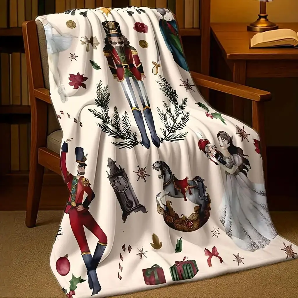 Vintage Nutcracker Ballet Blanket - Bohemian Christmas Print Throw with Nutcracker Soldier, Red Dress Ballerina, Dancers, Snowflakes, Reversible Soft Flannel Bedspread, Wrinkle Resistant, Durable, Machine Washable, Plush Polyester Home Decor Holiday Gift,